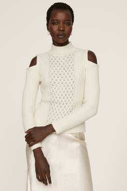 Donna Karan Crystal Rhinestone Chain Knit Mock Neck Cut Cold Shoulder Sweater XS